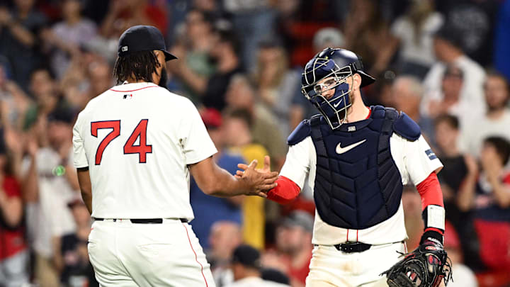 Aug 27, 2024; Boston, Massachusetts, USA; Boston Red Sox relief pitcher Kenley Jansen (74) high-fives catcher Danny Jansen (28) after a game against the Toronto Blue Jays at Fenway Park. Mandatory Credit: Brian Fluharty-Imagn Images