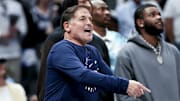 Mar 16, 2025; Dallas, Texas, USA;  Mark Cuban reacts against the Philadelphia 76ers during the second half at American Airlines Center. Mandatory Credit: Kevin Jairaj-Imagn Images