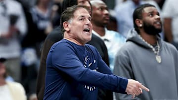 Mar 16, 2025; Dallas, Texas, USA;  Mark Cuban reacts against the Philadelphia 76ers during the second half at American Airlines Center. Mandatory Credit: Kevin Jairaj-Imagn Images