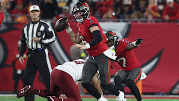 Tampa Bay Buccaneers quarterback Baker Mayfield defended Todd Bowles and admirably took blame after Sunday's Wild Card loss to the Commanders. (Mandatory Credit: Kim Klement Neitzel-Imagn Images)
