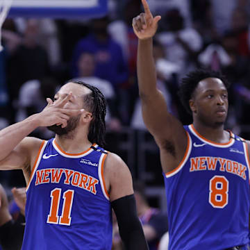 Jalen Brunson celebrates his series-winning shot against the Detroit Pistons. 