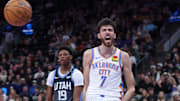 Dec 7, 2025; Salt Lake City, Utah, USA; Oklahoma City Thunder center Chet Holmgren (7) reacts after a dunk against the Utah Jazz during the second quarter at Delta Center. Mandatory Credit: Rob Gray-Imagn Images