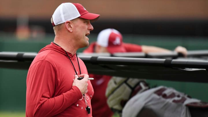 Mar 21, 2024; Tuscaloosa, Alabama, USA; Alabama head coach Kalen DeBoer watches his offensive line go through drills during practice at the University Alabama Thursday.