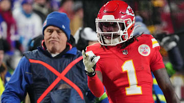 Kansas City Chiefs wide receiver Xavier Worthy (1) reacts against the Buffalo Bills during the first half in the AFC Championship game at GEHA Field at Arrowhead Stadium.