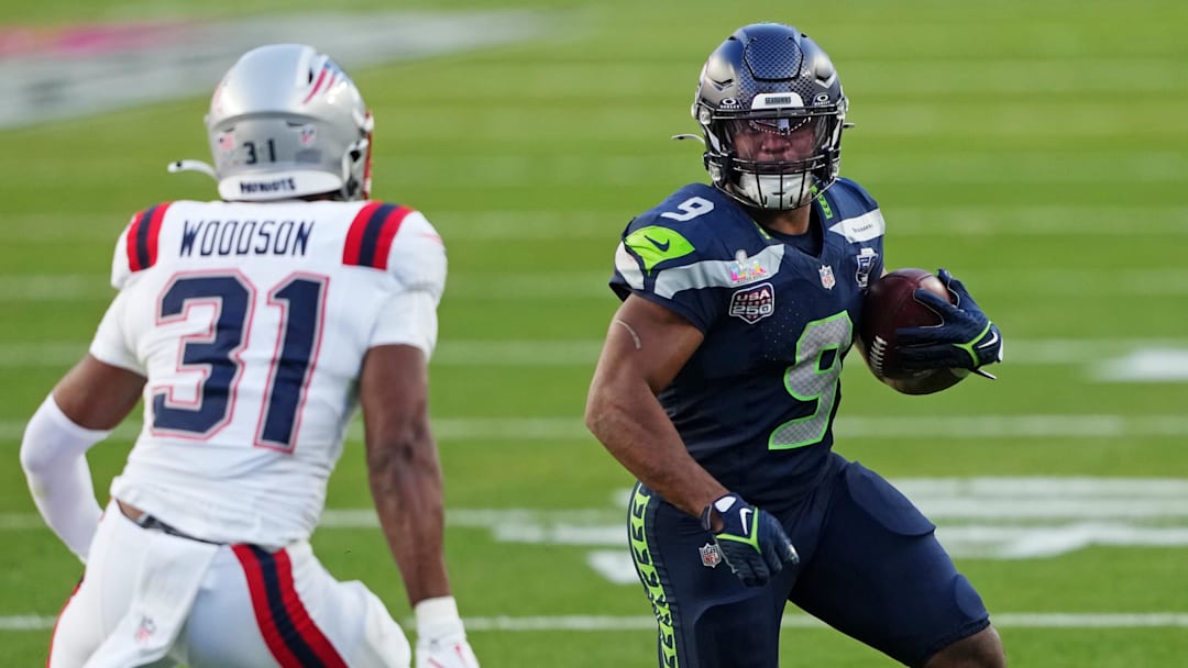 Feb 8, 2026; Santa Clara, CA, USA; Seattle Seahawks running back Kenneth Walker III (9) runs the ball during the second quarter against the New England Patriots in Super Bowl LX at Levi's Stadium. 