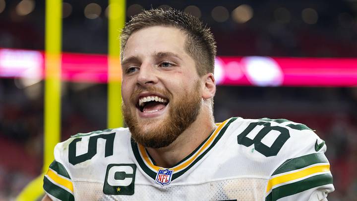 Oct 19, 2025; Glendale, Arizona, USA; Green Bay Packers tight end Tucker Kraft (85) against the Arizona Cardinals at State Farm Stadium. Mandatory Credit: Mark J. Rebilas-Imagn Images