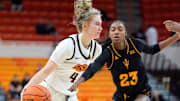 Oklahoma State Cowgirls guard Anna Gret Asi (4) goes past Arizona State Sun Devils guard Jalyn Brown (23) during a women's college basketball game between the Oklahoma State Cowgirls (OSU) and the Arizona State Sun Devils at Gallagher-Iba Arena in Stillwater, Okla., Wednesday, Jan. 29, 2025.