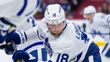 Apr 24, 2025; Ottawa, Ontario, CAN; Toronto Maple Leafs center Steven Lorentz (18) faces off in game three of the first round of the 2025 Stanley Cup Playoffs against the Ottawa Senators at Canadian Tire Centre.Mandatory Credit: Marc DesRosiers-Imagn Images