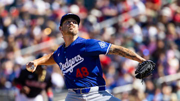 Mar 11, 2024; Goodyear, Arizona, USA; Los Angeles Dodgers pitcher Michael Hobbs against the Cleveland Guardians during a spring training game at Goodyear Ballpark. Mandatory Credit: Mark J. Rebilas-Imagn Images