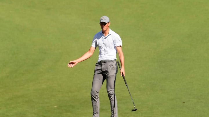 Apr 12, 2024; Augusta, Georgia, USA; Christo Lamprecht reacts after missing a putt on No. 15 during the second round of the Masters Tournament. Mandatory Credit: Rob Schumacher-USA TODAY Network