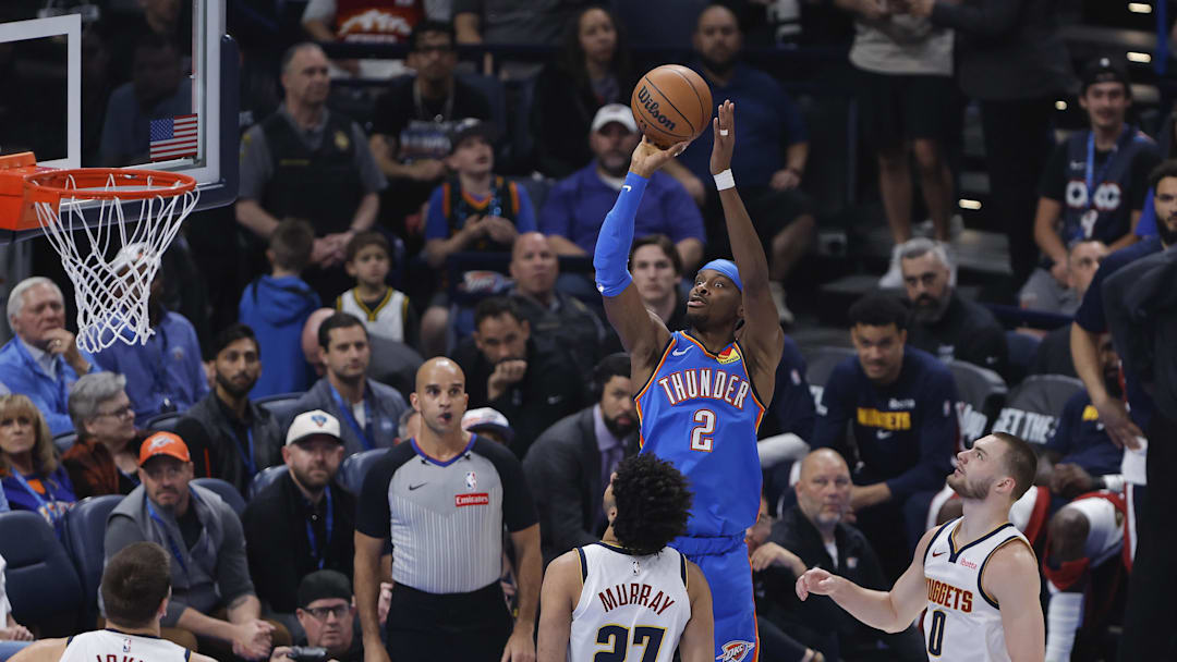 Mar 9, 2026; Oklahoma City, Oklahoma, USA; Oklahoma City Thunder guard Shai Gilgeous-Alexander (2) shoots against the Denver Nuggets during the first quarter at Paycom Center. Mandatory Credit: Alonzo Adams-Imagn Images