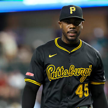 Aug 20, 2024; Arlington, Texas, USA; Pittsburgh Pirates relief pitcher Aroldis Chapman (45) during the eighth inning against the Texas Rangers at Globe Life Field.