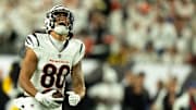 Cincinnati Bengals wide receiver Andrei Iosivas (80) reacts after a making a first down catch in the third quarter of the NFL game between the Cincinnati Bengals and Pittsburgh Steelers at Paycor Stadium in Cincinnati on Oct. 16, 2025.