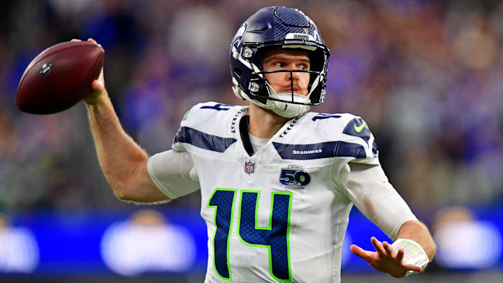 Sam Darnold threw four interceptions in the Seahawks’ loss to the Rams on Sunday. 