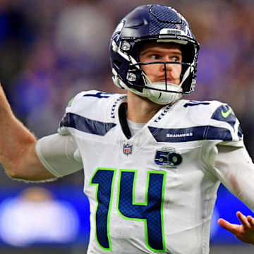 Nov 16, 2025; Inglewood, California, USA; Seattle Seahawks quarterback Sam Darnold (14) throws a pass during the second half against the Los Angeles Rams at SoFi Stadium.