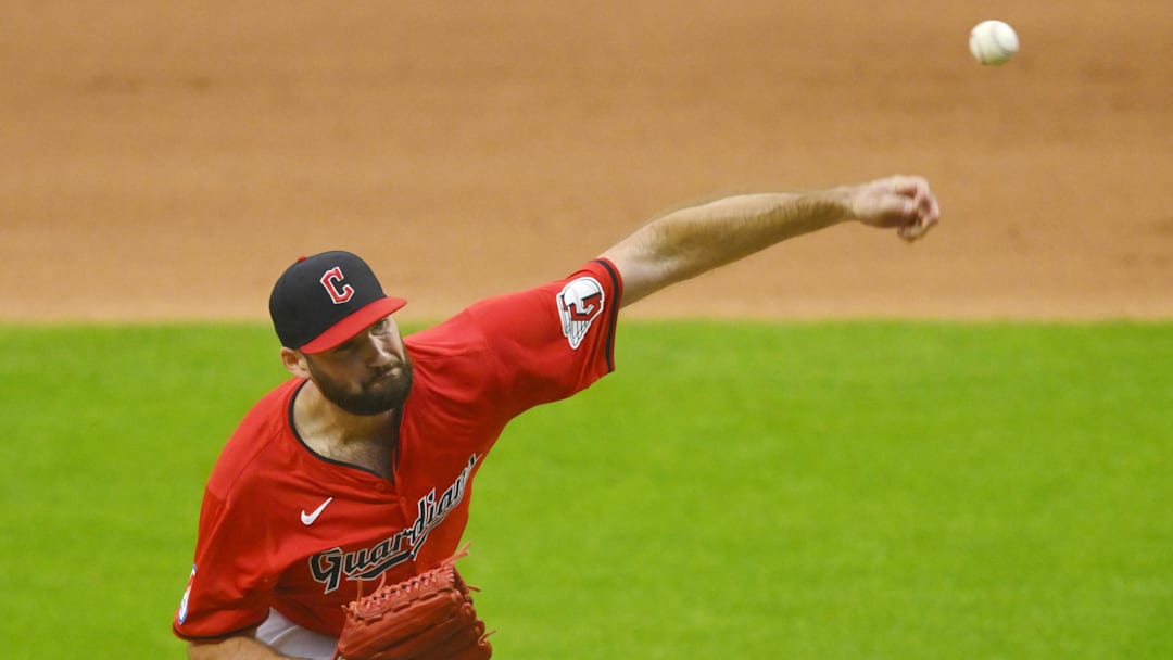 Jul 3, 2024; Cleveland, Ohio, USA; Cleveland Guardians relief pitcher Sam Hentges (31) delivers a pitch in the seventh inning against the Chicago White Sox at Progressive Field. Mandatory Credit: David Richard-Imagn Images