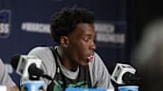 Mar 18, 2024; Dayton, OH, USA; Wagner Seahawks guard Melvin Council Jr. (11) talk to the media during NCAA Tournament First Four Practice at UD Arena. Mandatory Credit: Rick Osentoski-Imagn Images