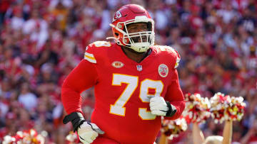 Sep 24, 2023; Kansas City, Missouri, USA; Kansas City Chiefs offensive tackle Donovan Smith (79) takes the field prior to a game against the Chicago Bears at GEHA Field at Arrowhead Stadium. Mandatory Credit: Jay Biggerstaff-USA TODAY Sports