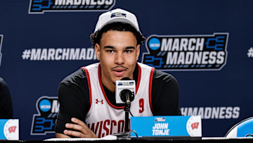 Mar 19, 2025; Denver, CO, USA; Wisconsin Badgers player John Tonje during a press conference at Ball Arena. Mandatory Credit: Isaiah J. Downing-Imagn Images