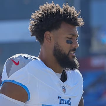 Oct 20, 2024; Orchard Park, New York, USA; Tennessee Titans linebacker Harold Landry III (58) prior to the game at Highmark Stadium. Mandatory Credit: Gregory Fisher-Imagn Images