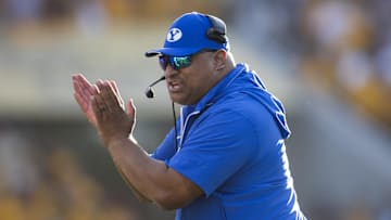 Nov 23, 2024; Tempe, Arizona, USA; Brigham Young Cougars head coach Kalani Sitake against the Arizona State Sun Devils at Mountain America Stadium. Mandatory Credit: Mark J. Rebilas-Imagn Images