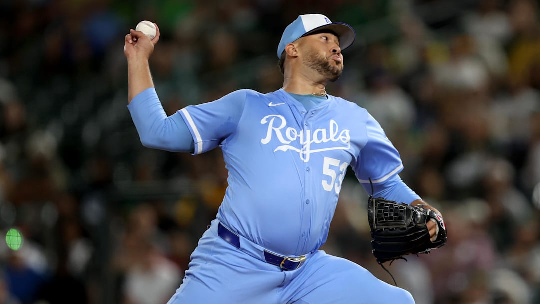 Sep 27, 2025; West Sacramento, California, USA; Kansas City Royals pitcher Carlos Estevez (53) throws a pitch against the Athletics during the ninth inning at Sutter Health Park. Mandatory Credit: Dennis Lee-Imagn Images