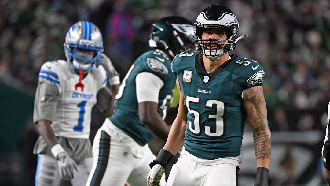 Nov 16, 2025; Philadelphia, Pennsylvania, USA; Philadelphia Eagles linebacker Zack Baun (53) reacts against the Detroit Lions at Lincoln Financial Field. 