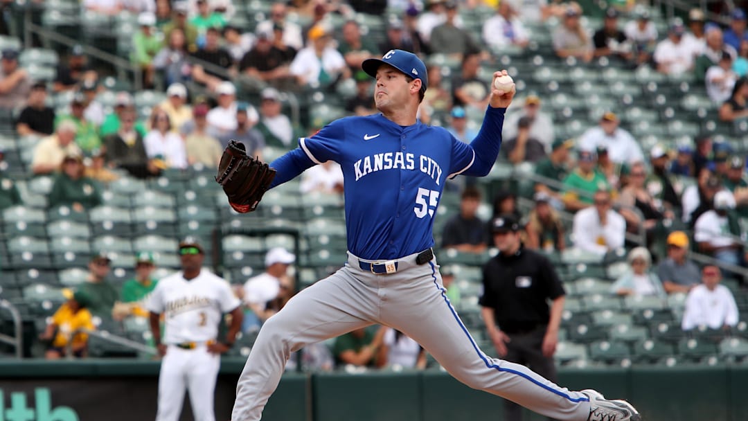 Sep 28, 2025; West Sacramento, California, USA; Kansas City Royals starting pitcher Cole Ragans (55) throws a pitch against the Athletics during the first inning at Sutter Health Park. Mandatory Credit: Dennis Lee-Imagn Images