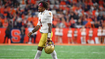 Nov 3, 2023; Syracuse, New York, USA; Boston College Eagles quarterback Thomas Castellanos (1) walks off the field against the Syracuse Orange during the second half at the JMA Wireless Dome.