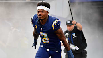 Oct 23, 2025; Inglewood, California, USA; Los Angeles Chargers safety Derwin James (3) takes the field before the game against the Minnesota Vikings at SoFi Stadium. 