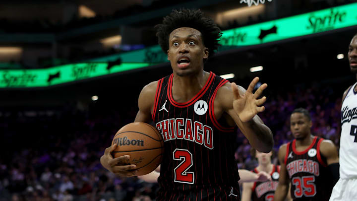 Mar 8, 2026; Sacramento, California, USA; Chicago Bulls guard Collin Sexton (2) reacts to a call against the Sacramento Kings during the second quarter at Golden 1 Center. Mandatory Credit: Dennis Lee-Imagn Images