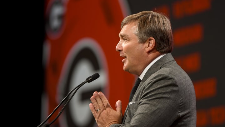 Jul 18, 2023; Nashville, TN, USA;  Georgia Bulldogs head coach Kirby Smart speaks with the media during SEC Media Days at Grand Hyatt. Mandatory Credit: Steve Roberts-USA TODAY Sports