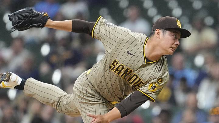 May 12, 2026; Milwaukee, Wisconsin, USA; San Diego Padres pitcher Yuki Matsui (1) delivers a pitch against the Milwaukee Brewers in the seventh inning at American Family Field. Mandatory Credit: Michael McLoone-Imagn Images