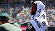 Aug 3, 2025; West Sacramento, California, USA; Athletics pitcher Luis Severino (40) watches the game against the Arizona Diamondbacks during the fifth inning at Sutter Health Park. Mandatory Credit: Dennis Lee-Imagn Images