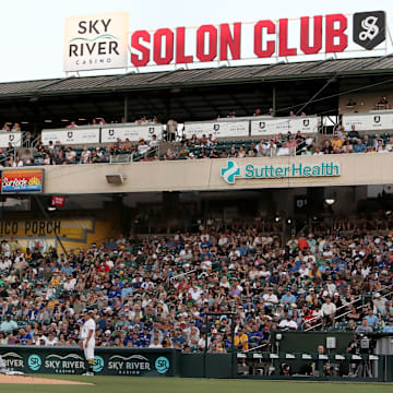 Jul 12, 2025; West Sacramento, California, USA; Toronto Blue Jays starting pitcher Kevin Gausman (34) throws a pitch against the Athletics during the third inning at Sutter Health Park. Mandatory Credit: Dennis Lee-Imagn Images