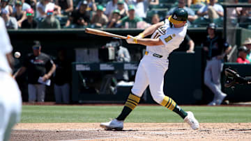 Athletics first baseman Nick Kurtz hits a two-RBI single against the Arizona Diamondbacks during the fifth inning at Sutter Health Park.