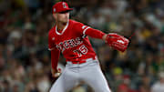 Aug 16, 2025; West Sacramento, California, USA; Los Angeles Angels pitcher Connor Brogdon (75) throws a pitch against the Athletics during the eighth inning at Sutter Health Park. Mandatory Credit: Dennis Lee-Imagn Images