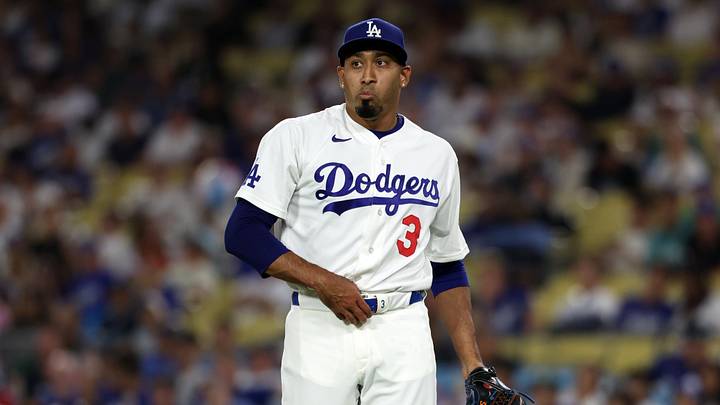 Jul 29, 2026; Los Angeles, California, USA;  Los Angeles Dodgers pitcher Edwin Diaz (3) looks on during the ninth inning against the Seattle Mariners at Dodger Stadium. Mandatory Credit: Kiyoshi Mio-Imagn Images