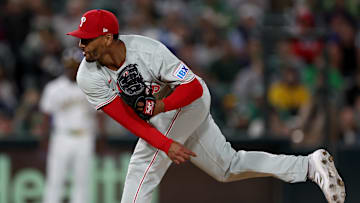 May 24, 2025; West Sacramento, California, USA; Philadelphia Phillies pitcher Joe Ross (41) throws a pitch against the Athletics during the seventh inning at Sutter Health Park.