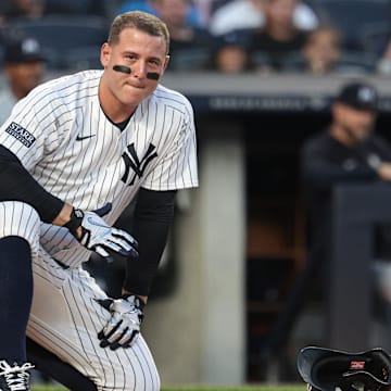 Jun 6, 2024; Bronx, New York, USA; New York Yankees first baseman Anthony Rizzo reacts after being hit by a foul ball.