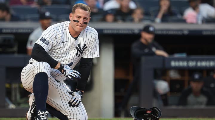 Jun 6, 2024; Bronx, New York, USA; New York Yankees first baseman Anthony Rizzo (48) reacts after being hit by a foul ball during the third inning against the Minnesota Twins at Yankee Stadium. Mandatory Credit: Vincent Carchietta-USA TODAY Sports