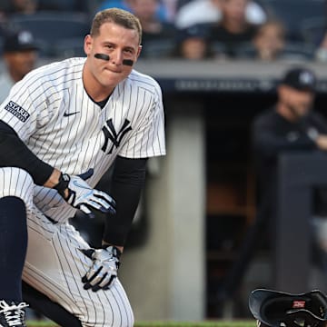 Jun 6, 2024; Bronx, New York, USA; New York Yankees first baseman Anthony Rizzo (48) reacts after being hit by a foul ball during the third inning against the Minnesota Twins at Yankee Stadium. Mandatory Credit: Vincent Carchietta-Imagn Images