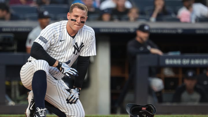 Jun 6, 2024; Bronx, New York, USA; New York Yankees first baseman Anthony Rizzo (48) reacts after being hit by a foul ball during the third inning against the Minnesota Twins at Yankee Stadium. Mandatory Credit: Vincent Carchietta-USA TODAY Sports