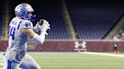 Mar 30, 2024; Detroit, MI, USA; St. Louis Battlehawks tight end Jake Sutherland scores a touchdown against the Michigan Panthers during the second half at Ford Field.