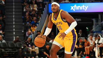 Former Los Angeles Lakers forward Blake Hinson (36) controls the ball at Chase Center.