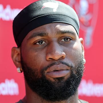 Tampa Bay Buccaneers linebacker Haason Reddick talks with media after minicamp at One Buc Place.