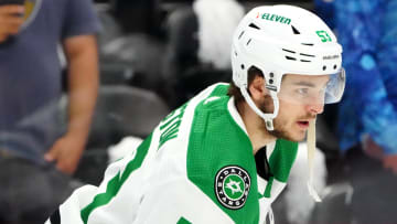 May 17, 2024; Denver, Colorado, USA; Dallas Stars center Wyatt Johnston (53) before the game against the Colorado Avalanche in game six of the second round of the 2024 Stanley Cup Playoffs at Ball Arena. Mandatory Credit: Ron Chenoy-USA TODAY Sports