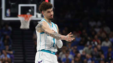 Nov 12, 2024; Orlando, Florida, USA; Charlotte Hornets guard LaMelo Ball (1) celebrates after he makes a three point basket against the Orlando Magic during the first quarter at Kia Center. Mandatory Credit: Kim Klement Neitzel-Imagn Images