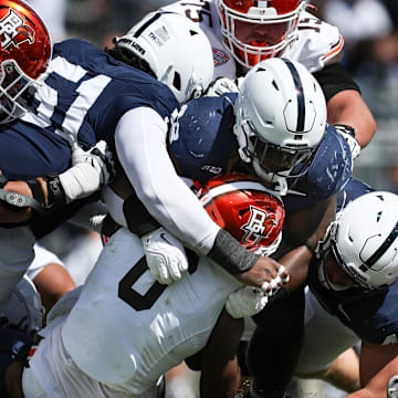 Penn State's defense swarms to tackle Bowling Green tight end Harold Fannin Jr. during the fourth quarter at Beaver Stadium.