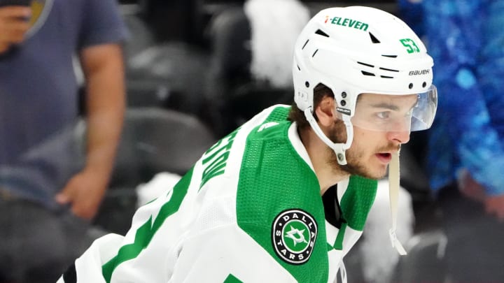 May 17, 2024; Denver, Colorado, USA; Dallas Stars center Wyatt Johnston (53) before the game against the Colorado Avalanche in game six of the second round of the 2024 Stanley Cup Playoffs at Ball Arena. Mandatory Credit: Ron Chenoy-USA TODAY Sports